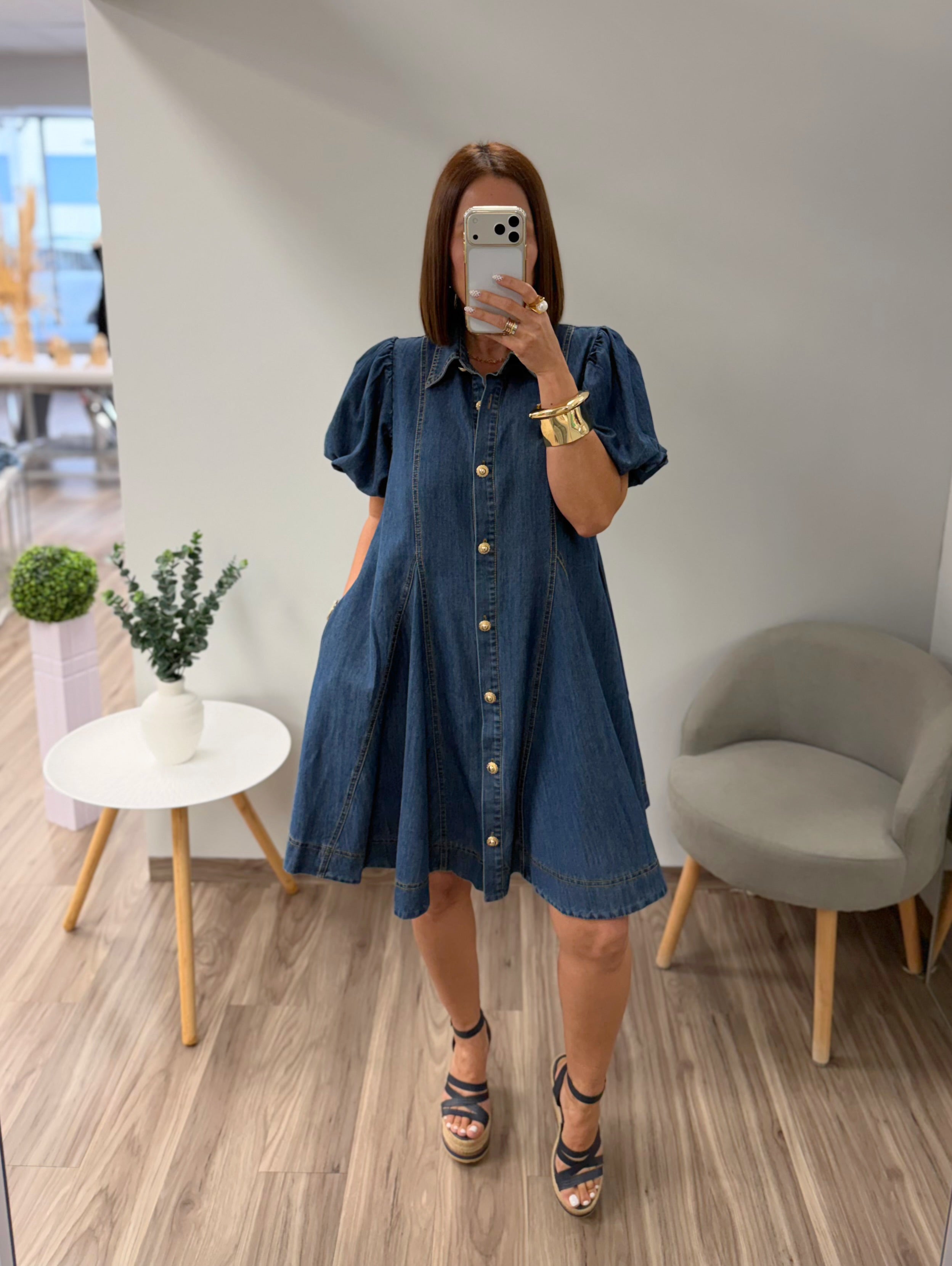Dark Denim Woven Washed Short Bubble Sleeve Dress