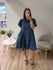 Dark Denim Woven Washed Short Bubble Sleeve Dress