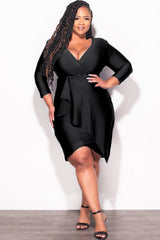 Final Sale Plus Size Faux Wrap Puffy Sleeve BodyCon Overlay Tulip Dress in Black