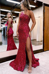 Sparkly Mermaid One Shoulder Dark Red Velvet Sequins Prom Dresses with Slit AB110406