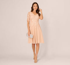 Short Sleeve Sequin Bead Midi Dress In Blush