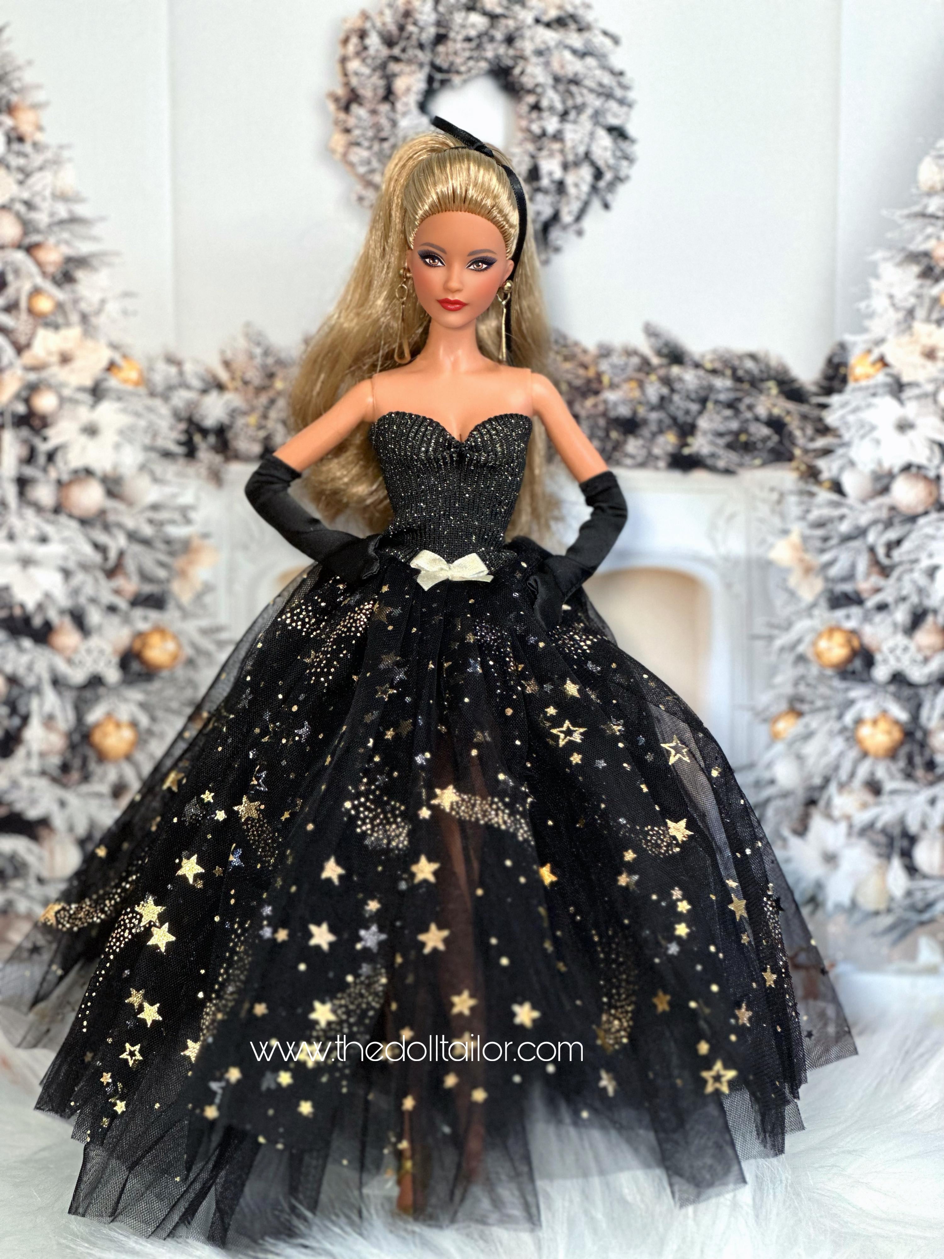 Black wedding dress with gold accents for barbie dolls