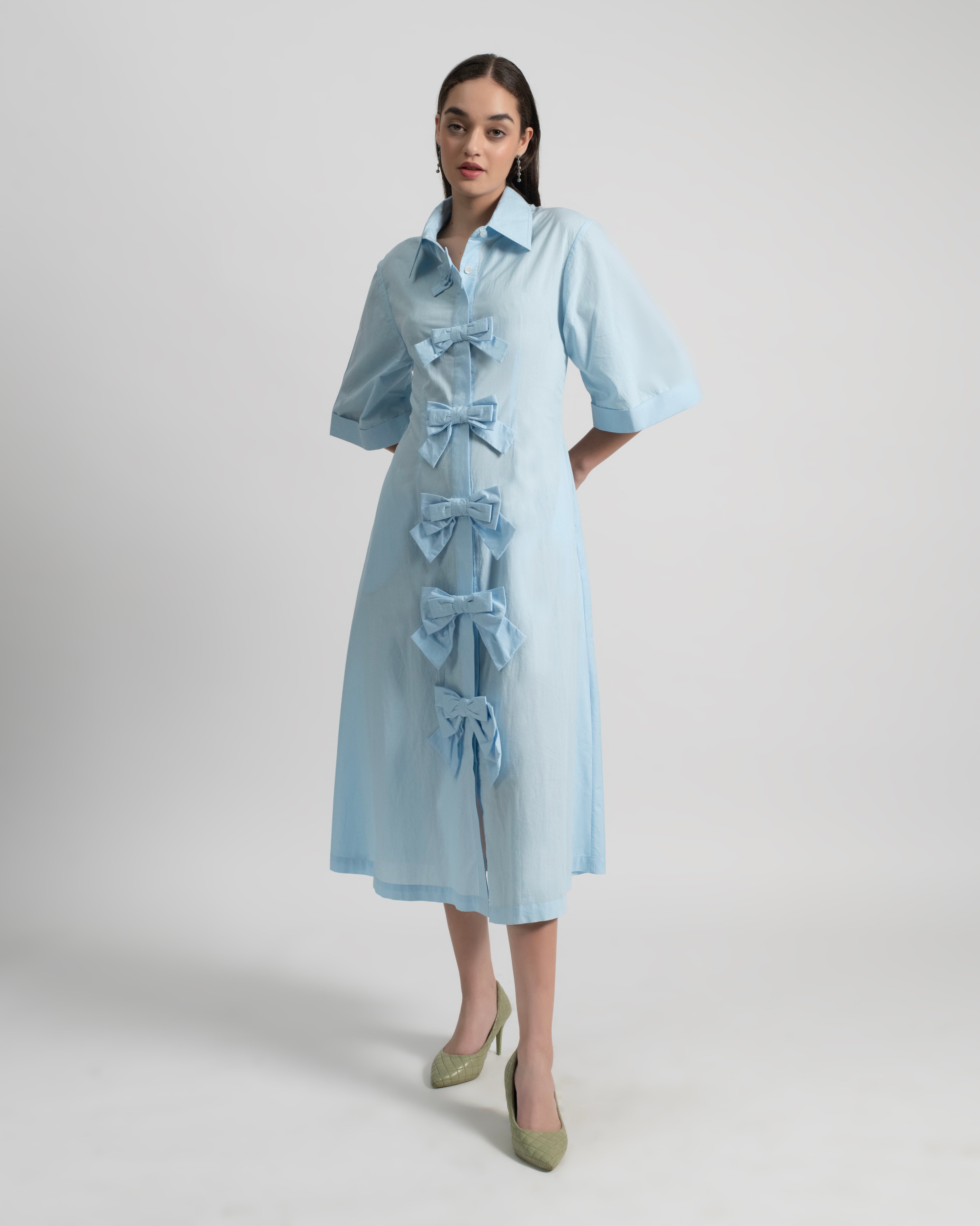Carmel Cotton Poplin Midi Shirt Dress with Bow Detail