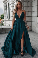 A Line V Neck Dark Green Long Prom Dresses with Leg Slit, V Neck Dark Green Formal Graduation Evening Dresses