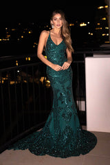 Emerald Green Embroidered Pattern Sequin Floor Length Evening Gown with V Neckline, Lace Up Open Back, Fit & Flare Mermaid Skirt and Floor Sweeping Train