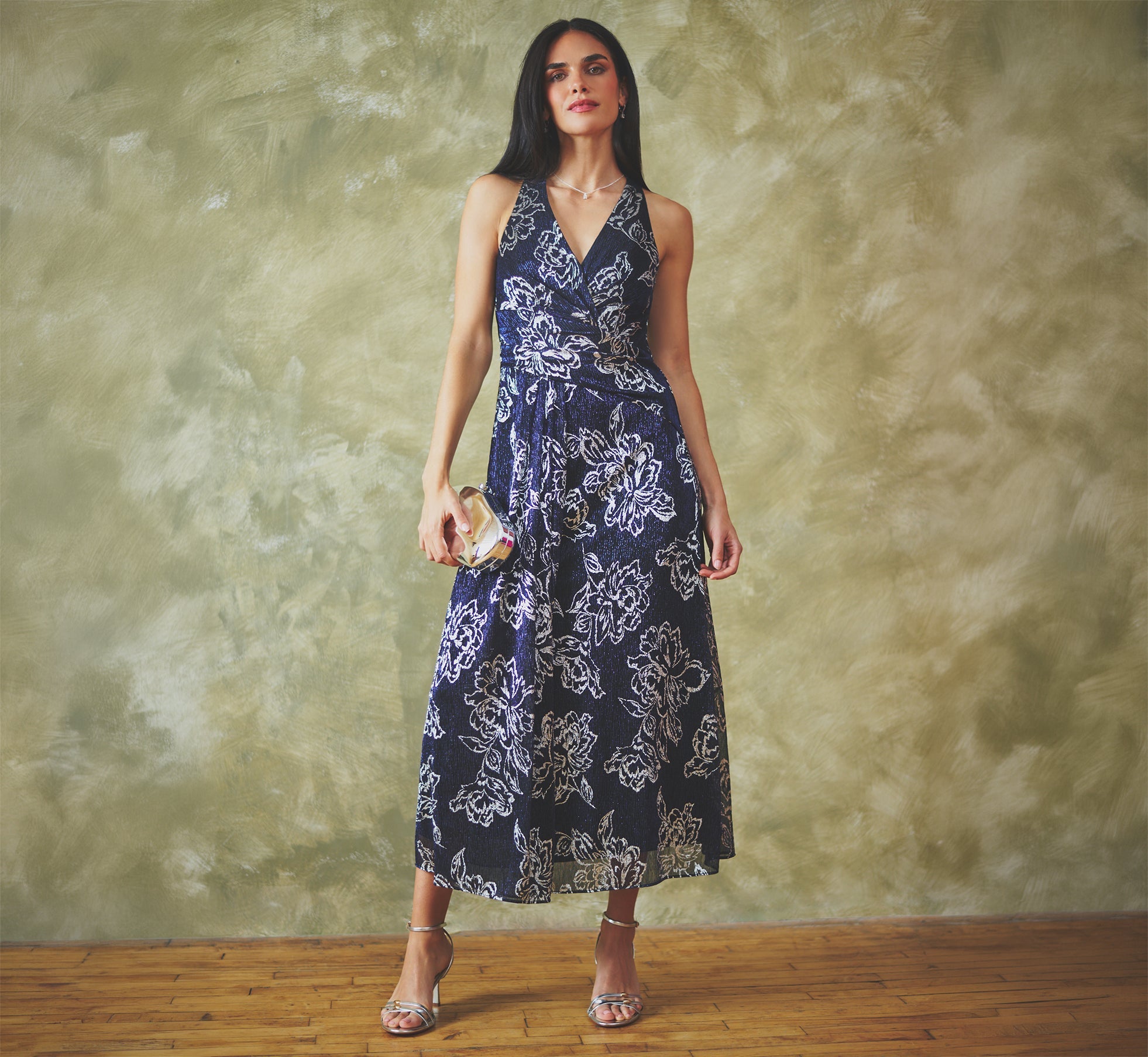 Metallic Crinkle Floral Midi Halter Dress In Black Gunmetal