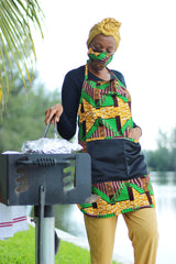 African/Ankara/Kitenge Print Kitchen Apron & 3D Mask Set - Green/Brown/ Beige Kente Print