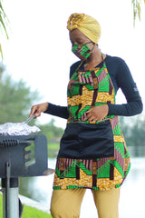 African/Ankara/Kitenge Print Kitchen Apron & 3D Mask Set - Green/Brown/ Beige Kente Print