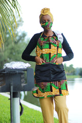 African/Ankara/Kitenge Print Kitchen Apron & 3D Mask Set - Green/Brown/ Beige Kente Print