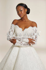 French Lace A-Line Wedding Dress with Boat Neckline and Long Train