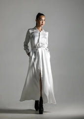 east asia woman wear anais long sleeves silk shirt dress in white with back boots heels by object and dawn
