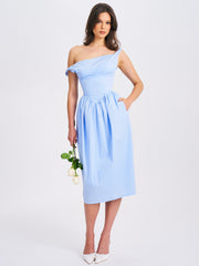 Reina Blue Cotton Poplin Drop Waist Corset Midi Dress
