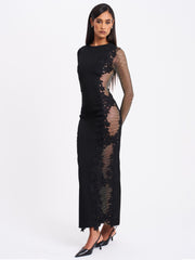 Bailey Lace Trim Crystal Net Cutout Long Sleeve Gown (Archive Sale)