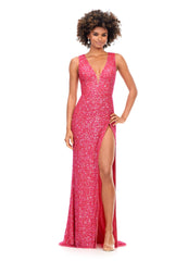 Ashley Lauren 11373 Lace Up Back Fully Beaded Prom Dress Evening Gown You're sure to stun in this lace-up open back gown! Offered in a multitude of vibrant colors, this fitted v-neckline gown with a left leg side slit is sure to turn heads.