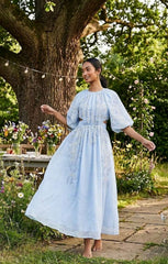 Asos Edition Puff Sleeve Midi Dress With Cut Out Back And Beaded Embroidery In Blue