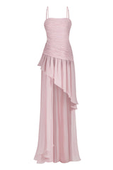 Asymmetric draped dusty pink chiffon mini dress from Stolen Stores, featuring elegant draping and a stylish mini length.