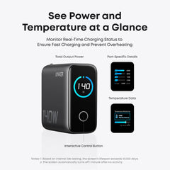 Anker power bank with digital display and text about power and temperature monitoring.