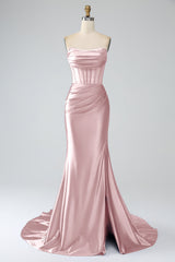 Blush Pink Prom Dress Mermaid Strapless Pleated Corset Long Party Dress with Slit