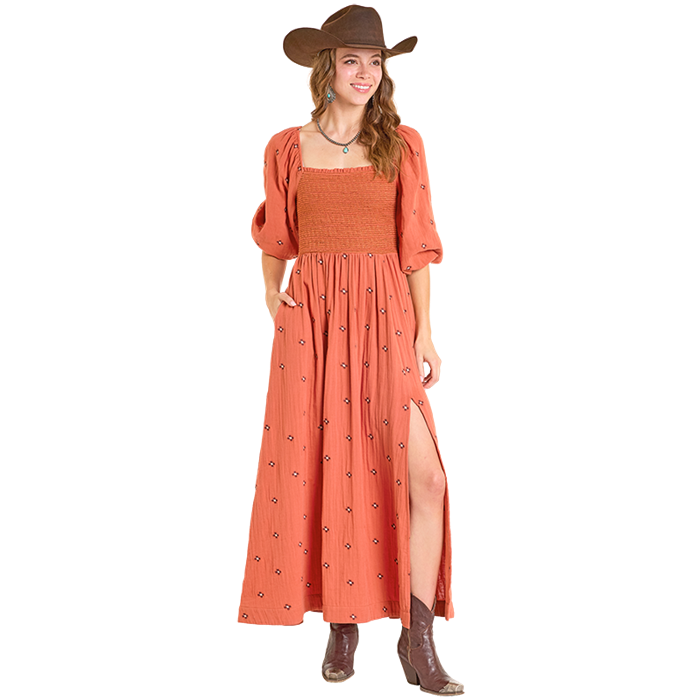 Rock & Roll Denim Ladies Floral Embroidered Rust Western Maxi Dress BWD2R06980 - Wild West Boot Store
