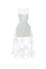 Baby blue beaded lace midi dress by Montsand, featuring intricate beadwork and delicate lace fabric for elegant occasion wear.