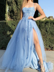 Backless Light Blue Lace Prom Dresses, Open Back Light Blue Lace Formal Evening Dresses