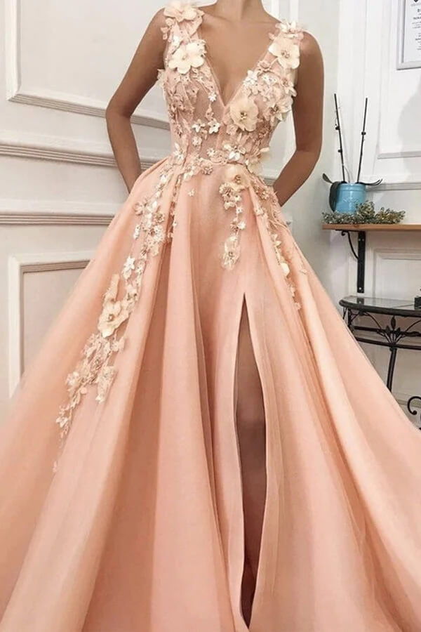 Beautiful Peach Tulle A Line V Neck Long Prom Dresses With 3D Flowers, PL452 | plus size prom dress | prom dress near me | modest prom dress | promnova.com