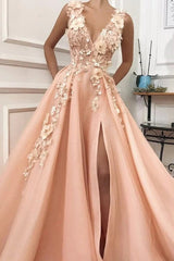 Beautiful Peach Tulle A Line V Neck Long Prom Dresses With 3D Flowers, PL452 | plus size prom dress | prom dress near me | modest prom dress | promnova.com