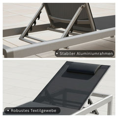 Detailansicht der Sonnenliege mit stabilem Aluminiumrahmen und robuster, luftdurchlässiger Textilbespannung