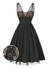 Black 1950s Lace Floral Mesh Swing Dress - vintage dress, retro fashion, rockabilly