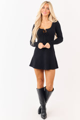 Black Ribbed Knit Scoop Neck Long Sleeve Mini Dress