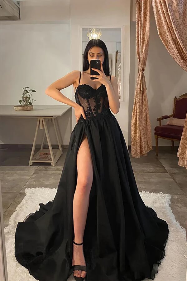 Black A-line Spaghetti Straps Thigh Split Prom Dresses With Lace Appliques, MP819 | black prom dress | lace prom dress | evening gown | musebridals.com
