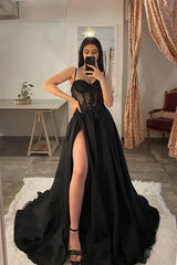 Black A-line Spaghetti Straps Thigh Split Prom Dresses With Lace Appliques, MP819 | black prom dress | lace prom dress | evening gown | musebridals.com