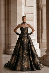 Black And Gold Gothic Wedding Dress With Sequin - Gothic Strapless Ball Gown Plus Size
