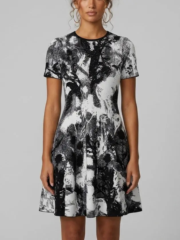 Black and White Knit A-Line Mini Dress - S - Dresses