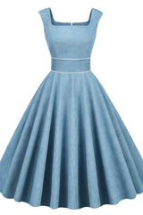 Blue 1950s Sleeveless Vintage Dress With Pockets