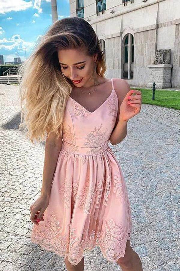 Blush Pink A-line Spaghetti Straps Homecoming Dresses With Lace Appliques, MH561 | pink homecoming dresses | cheap homecoming dresses | lace homecoming dresses | musebridals.com