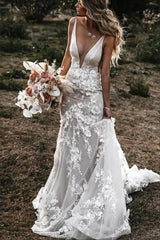 Boho Mermaid Wedding Dress Flower Appliques Bridal Gown WD637-Pgmdress