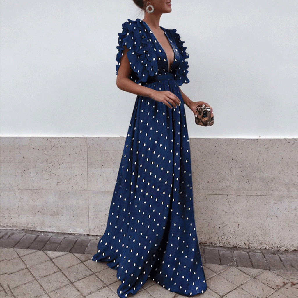 Boho Black Blue Red Sexy V Neck A-line Unique Design Wave Point Evening Maxi Prom Dresses,PD1099