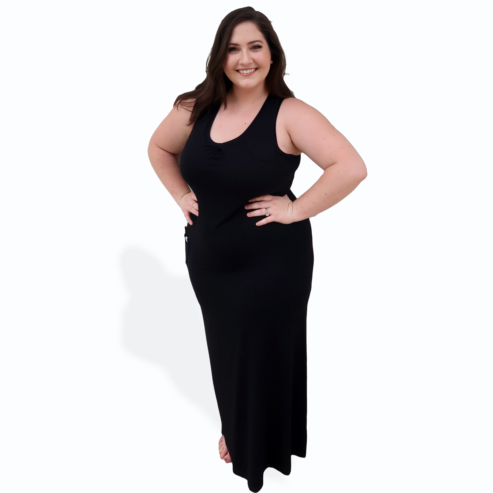 Cozy Loungewear Racerback Maxi Dress with Built In Shelf Bra for Support and Side Phone Pocket Solid Black
