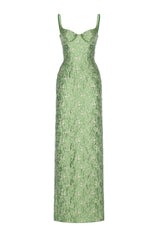 Montsand brocade bamboo maxi dress featuring intricate pattern and flowing silhouette, perfect for elegant summer occasions.