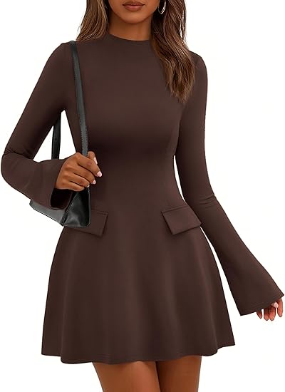 Women's Fall Mini Dress Long Bell Sleeve Mock Neck Bodycon Elegant Work Wedding Guest Party Short Dresses