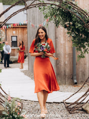 Burnt Orange Half Sleeves V-neck Charming Knee Length Short Bridesmaid Dresses, CB0269