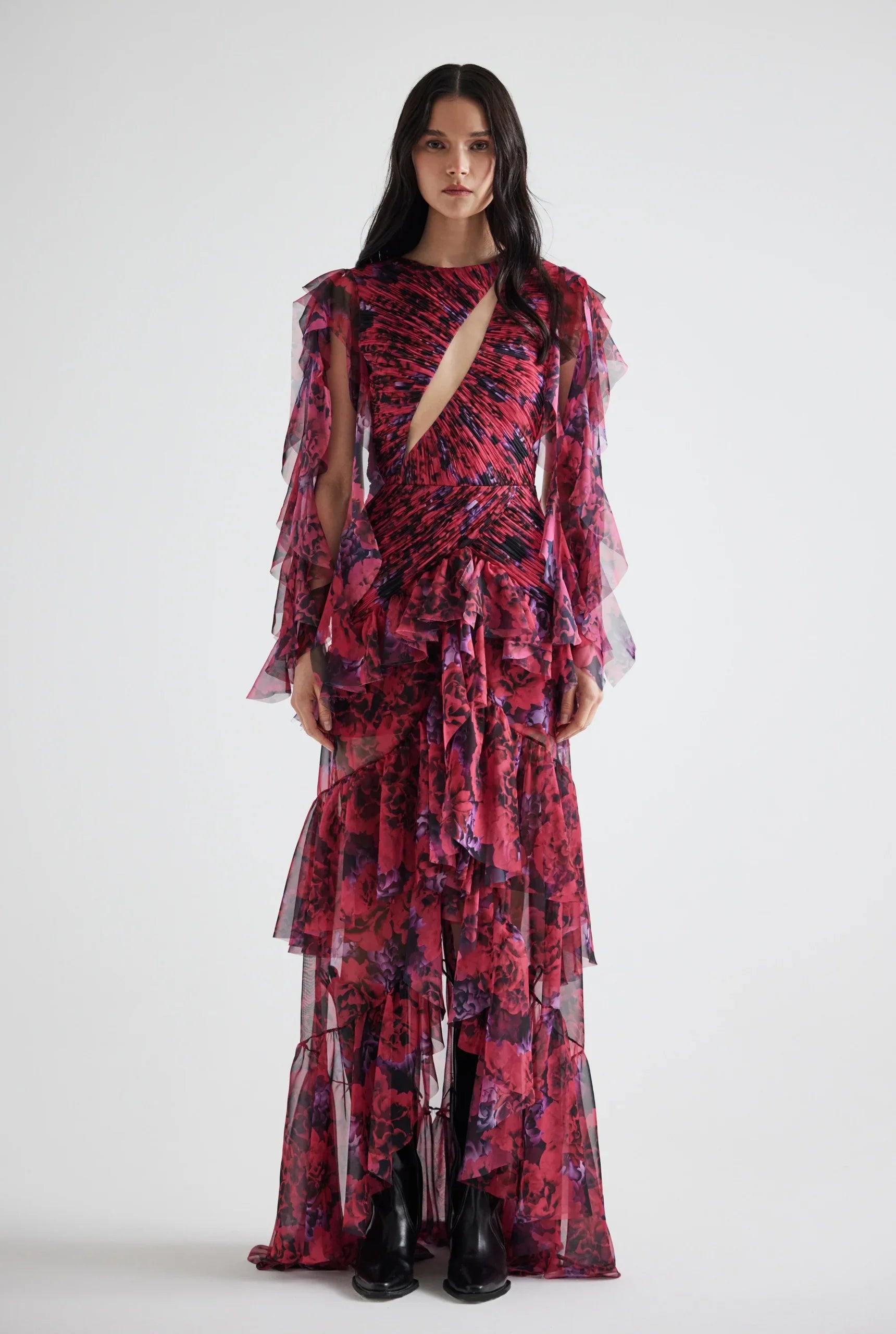 Bust Detailed Draped Ruffled Floral Patterned Midi Dress