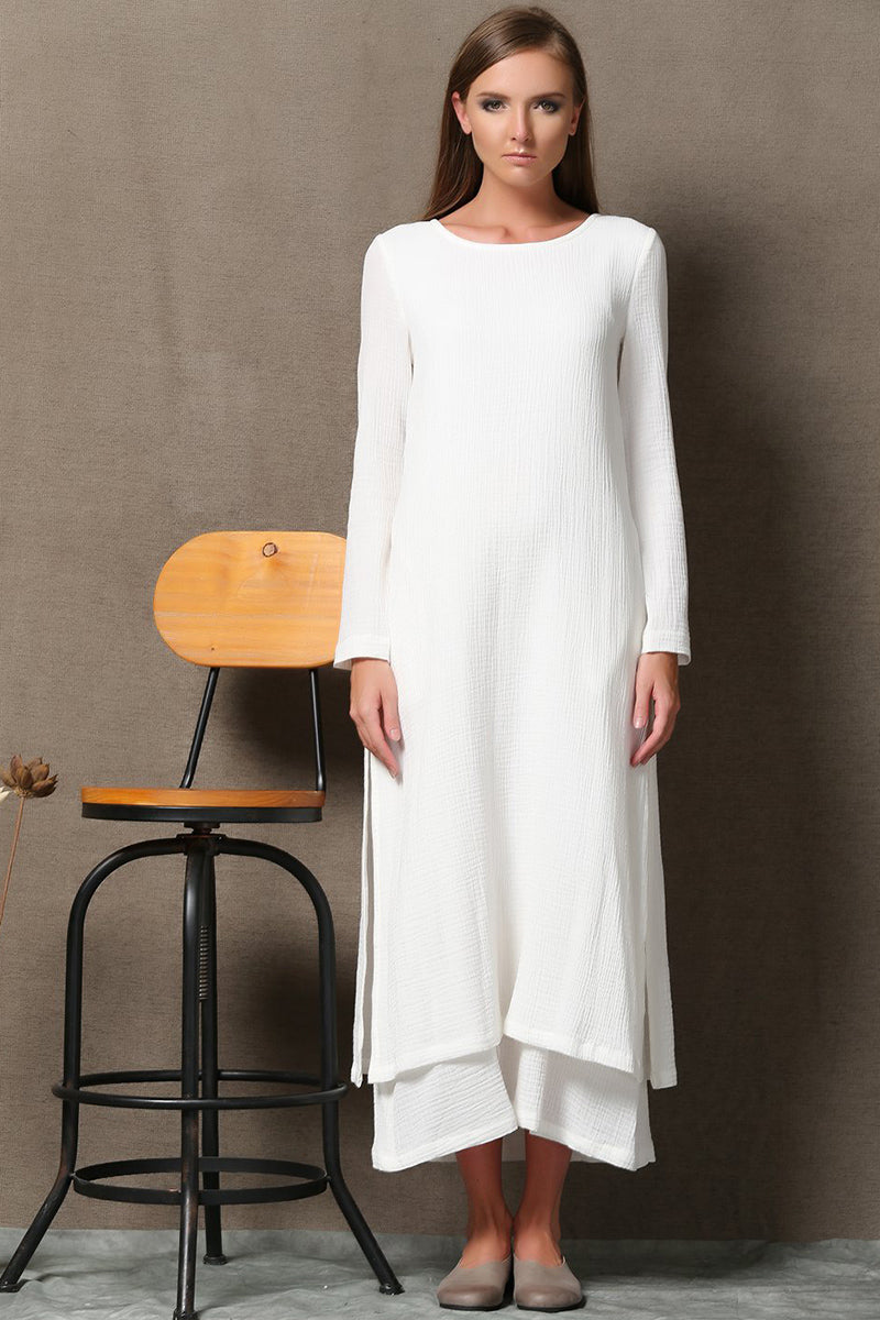 White Linen Maxi Dress - Two-Layered Oversized Soft Fit C554