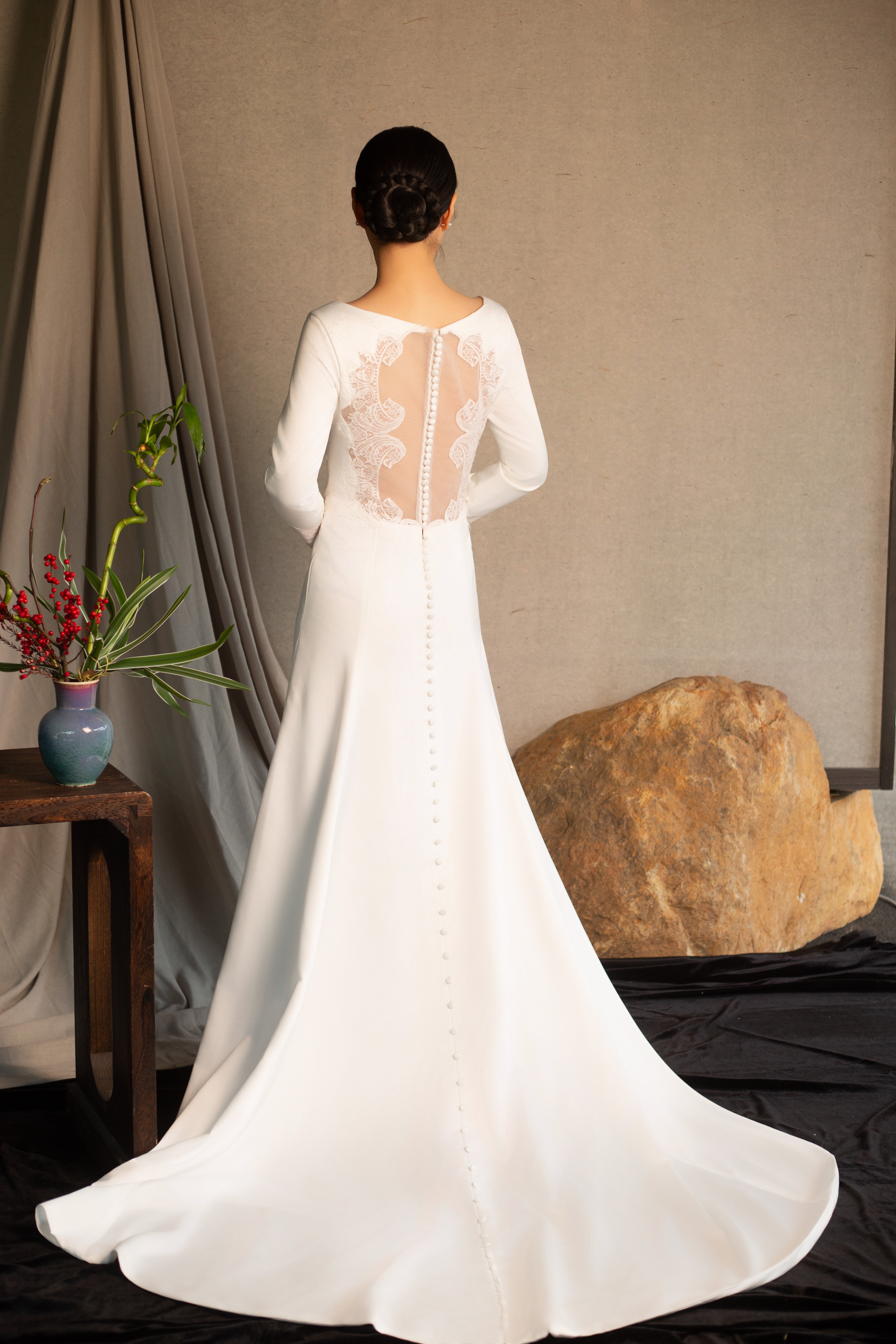 Bella | Custom Twilight Bella’s Ivory Satin Lace Back Wedding Bridal Dress, Minimalist Long Sleeve A-Line Elegant Party Gown
