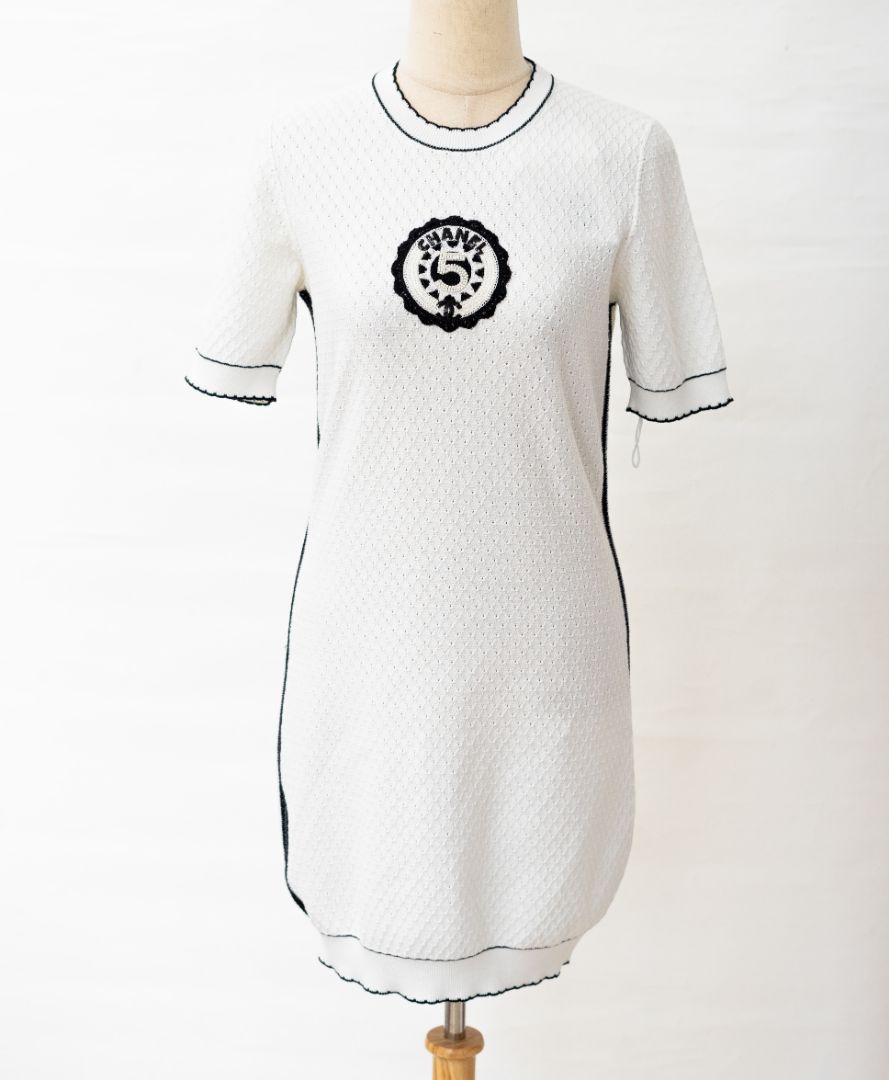 Chanel white knit mini dress with embroidered detail