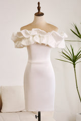Classy Off The Shoulder Meringue Ruffle Bodycon White Short Graduation Dress