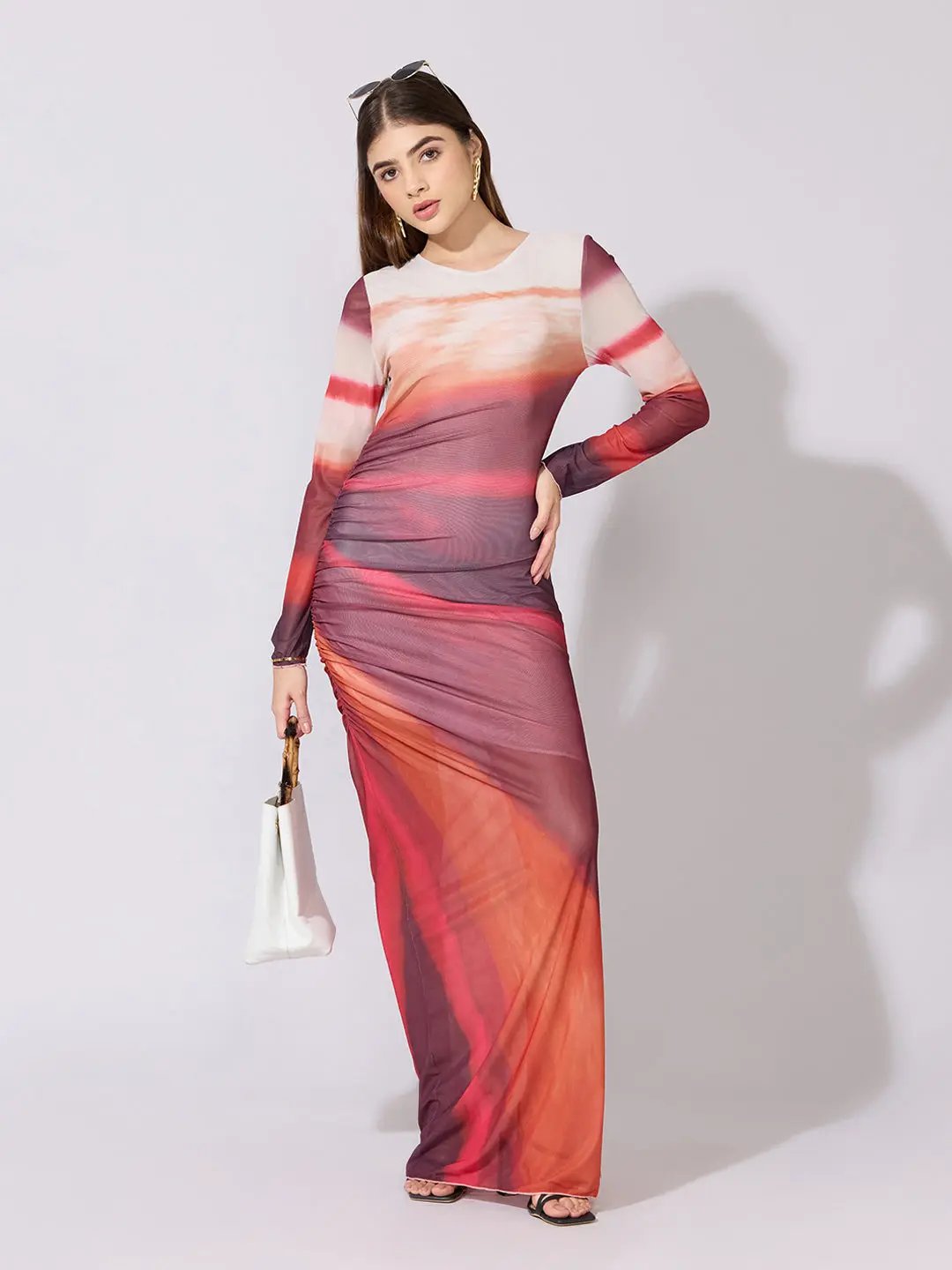Women's Abstract Red Ruched Bodycon Mesh Dress - from SHOWOFFFF