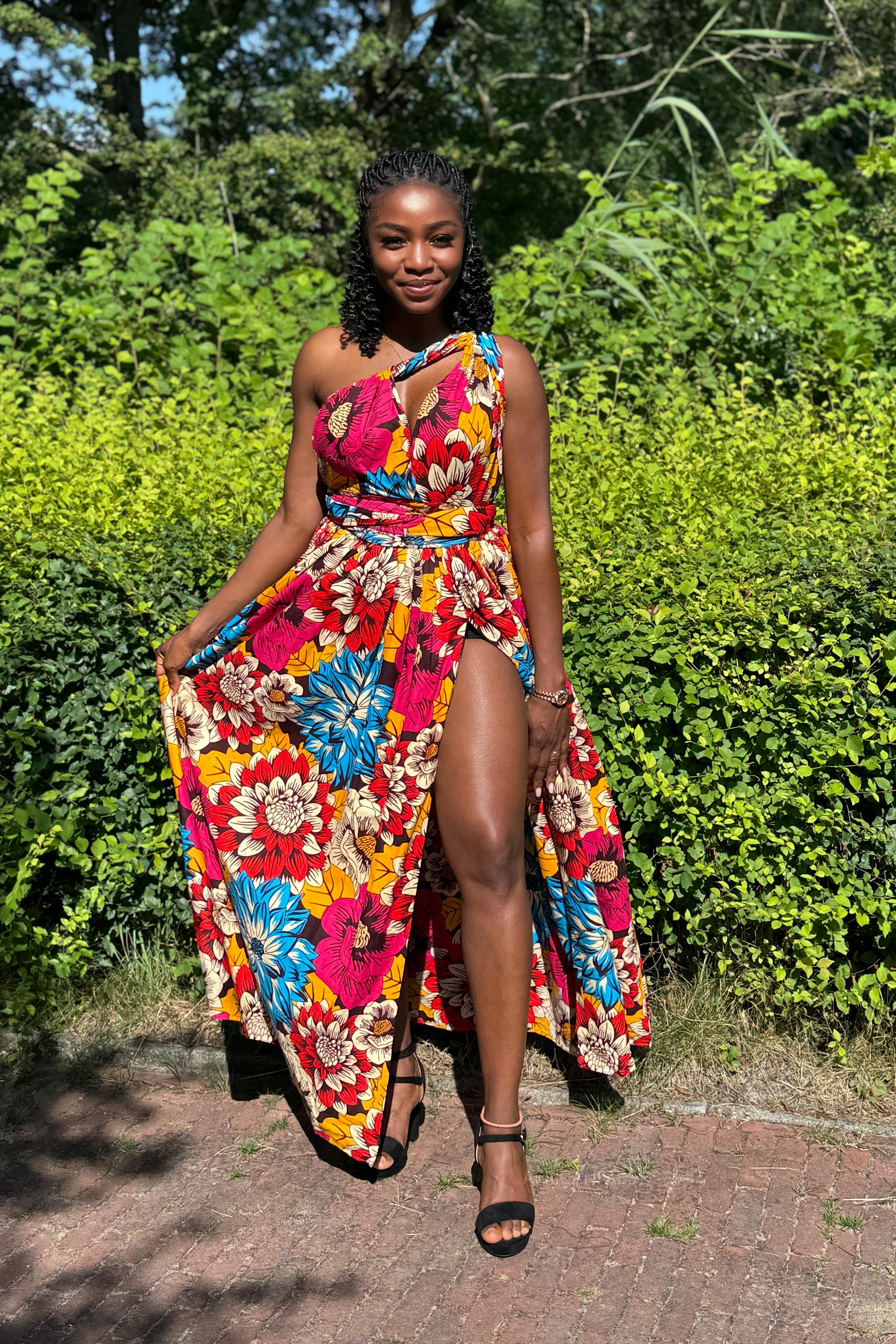 African Print Infinity Multiway Maxi Dress - Red & Blue Flowers