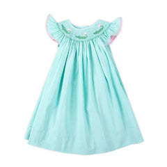 Green Seersucker Alligator Smocked Bishop Dress